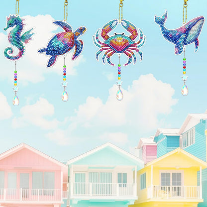 JeCuiK 6 Pcs Ocean Diamond Art Kits for Adults Diamond Painting Wind Chimes Sea Animal Diamonds Painting Suncatcher Double Sided Small Diamond Painting Kits Best Gifts for Mom