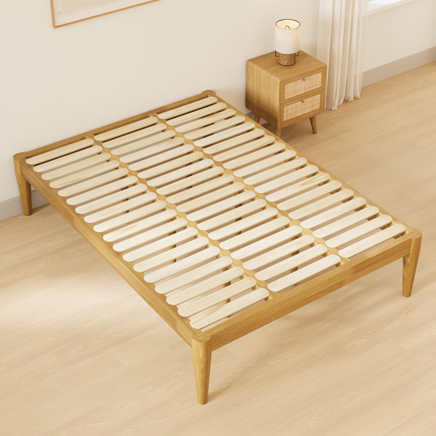 IOTXY Full Platform Bed Frame - Solid Wood 16-Inch Height Mattress Foundation Base with Densely Slats and Heavy-Duty Support Legs, No Box Spring Needed, Oak