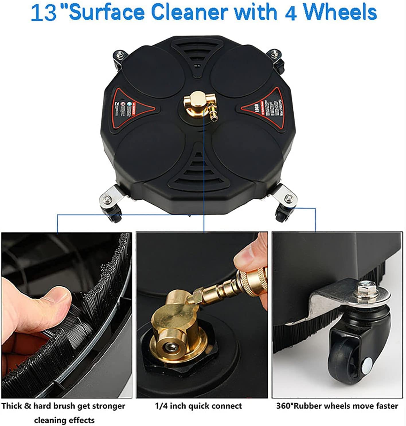 TRELVEX 13 Inch Pressure Washer Surface Cleaner Attachment with Wheels, with 2 Power Washer ExWands and 2 Replacement Nozzles, 3600 PSI
