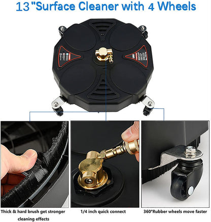 TRELVEX 13 Inch Pressure Washer Surface Cleaner Attachment with Wheels, with 2 Power Washer ExWands and 2 Replacement Nozzles, 3600 PSI
