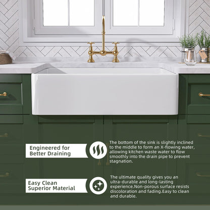TUKTUK White Farmhouse Sink 33 inch Fireclay Apron Front Farm House Kitchen Sink Single Bowl Deep Drop In Undermount Reversible Heavy Duty Easy to Clean Porcelain Kitchen Basin Modern Luxury Accessory
