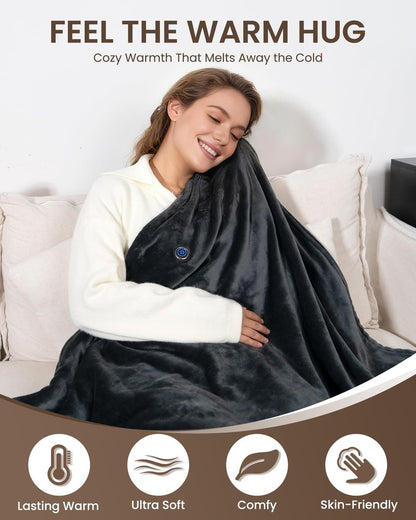 Cordless Heated Blanket with Hood, USB Battery Powered Heated Wearable Blanket with 9 Heating Zones, 20000 mAh Power Bank, 3 Levels, Portable Heated Throw Blanket, Heated Shawl (Warm Comfort Gray)