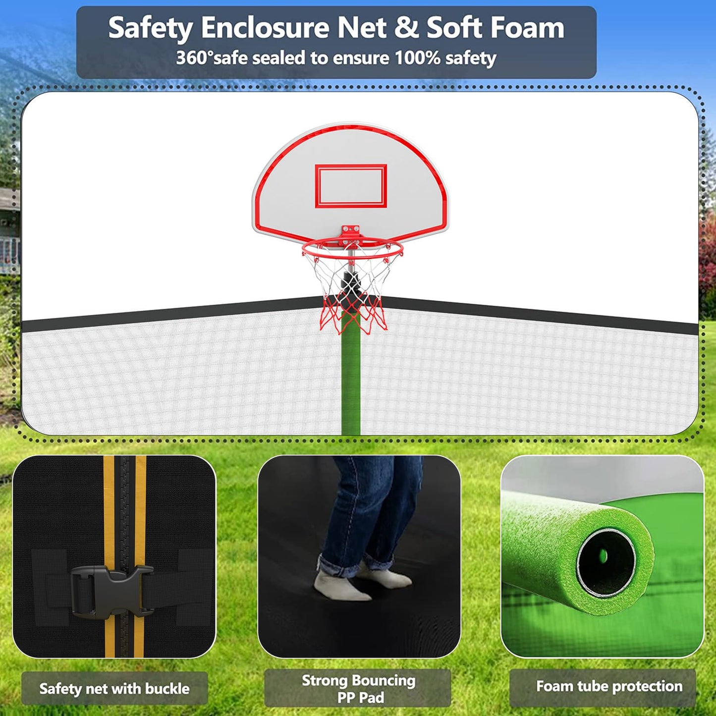Lyromix Upgraded 12FT Trampoline for Kids and Adults, Large Outdoor Trampoline with Stakes, Light, Sprinkler, Basketball Hoop and Net, Capacity for 5-8 Kids and Adults