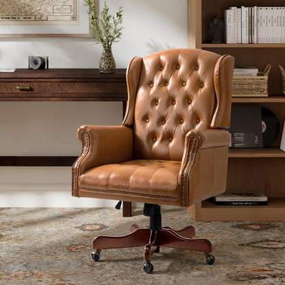 HULALA HOME Tufted PU Leather Office Chair with Wingback and Nailhead Trim, Adjustable Swivel Desk Chair with Rolled Armrests and Casters, Vintage Style(Camel)