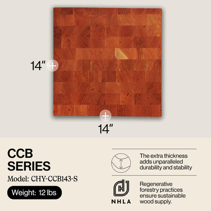 John Boos CCB Series Square Wooden Cherry Cutting Board 14”x14” – 3” Thick, 12-lb Reversible Butcher Block with End-Grain & Finger Grips – Made in the USA