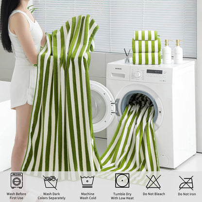 18 Set Loop-6 Towels,6 Towels,6 Set Pcs Green Stripe Bath Towel with Hanging Bath Hand Washcloths Soft Family Towels