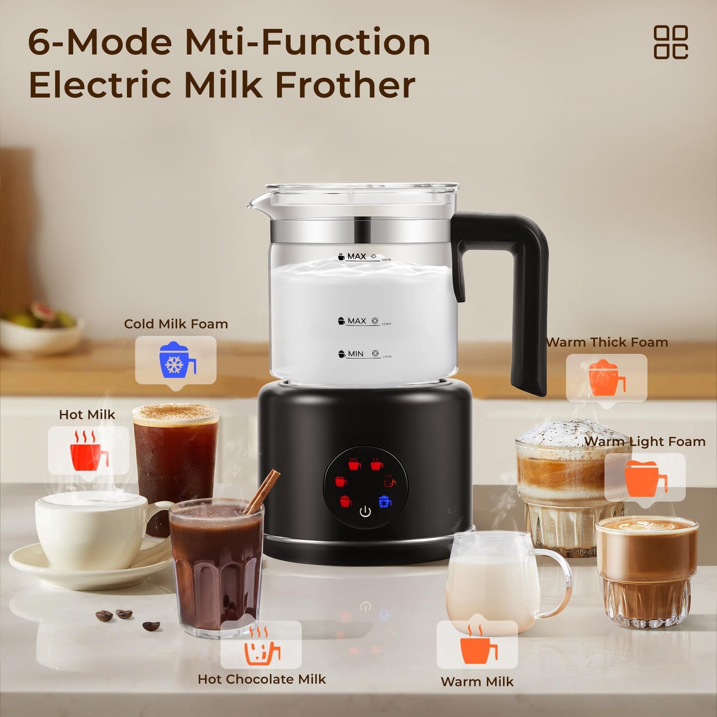 JXXM Electric Milk Frother, 6 in 1 Milk Steamer,17oz Automatic Warm and Cold Foam Maker for Coffee,Latte, Cappuccino, Macchiato, Hot Chocolate (Black)