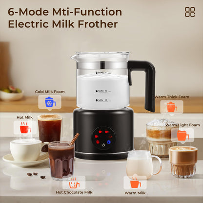 JXXM Electric Milk Frother, 6 in 1 Milk Steamer,17oz Automatic Warm and Cold Foam Maker for Coffee,Latte, Cappuccino, Macchiato, Hot Chocolate (Black)