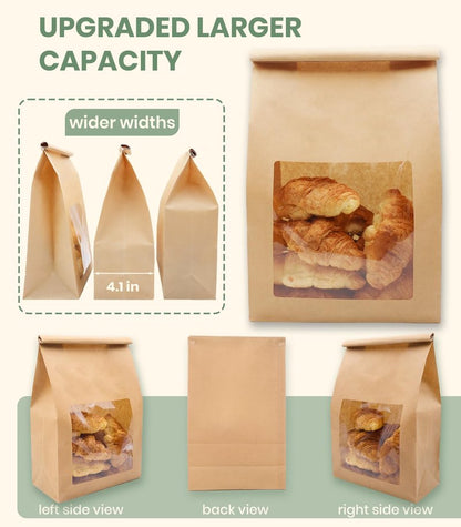 Perenllareta 50 Pack Heavy Duty Sourdough Paper Bags Resealable with Window for Round Loaf Selling | Large Thick Kraft Brown Bags for Homemade Bread Gift Giving Sour Dough Packaging 13.6x8.3x4.1in