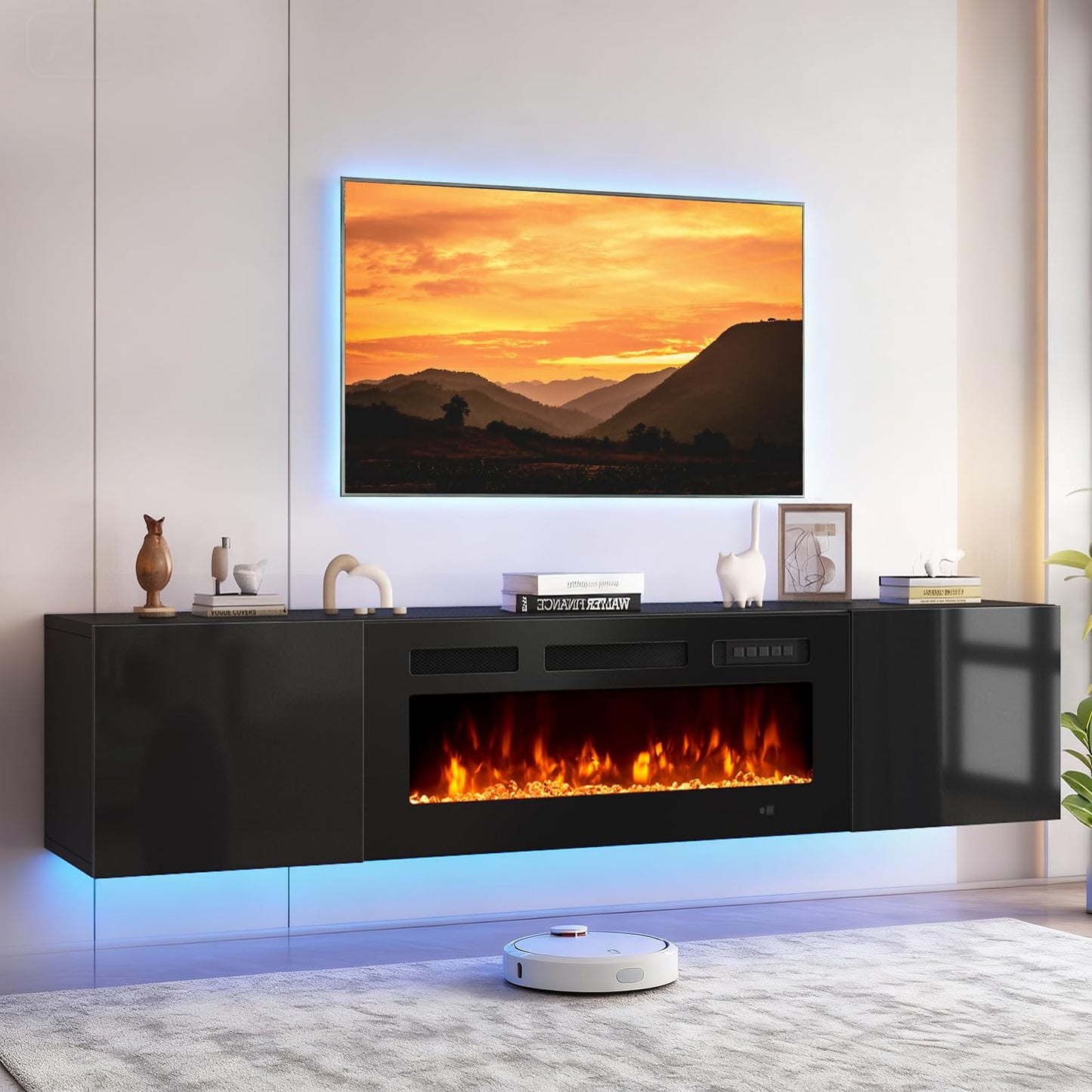 OneBlis 70'' Floating TV Stand with 36" Electric Fireplace, Wall Mounted Entertainment Center with Storage for TVs up to 80", Adjustable 12-Color LED Media TV Console for Living Room,All Black