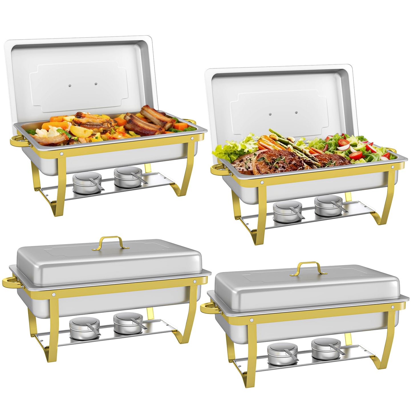 Chafing Dish Buffet Set - HARDURA 4 Packs 9.5QT Stainless Steel Food Warmer, Leak-Proof & Foldable Design, 4+ Hours Insulation, for Buffet Servers and Warmers, Ideal for Catering, Party（Gold）