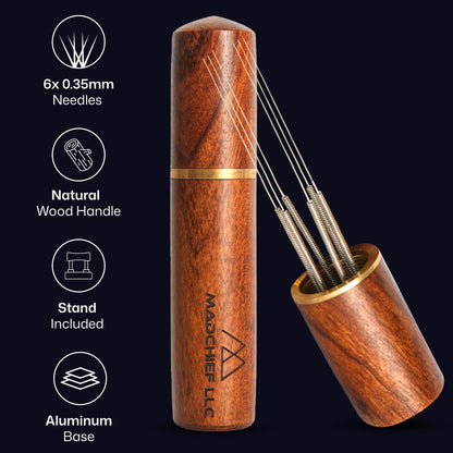 MADCHIEF WDT Tool Espresso – 6x 0.35mm Needles with Stand | Espresso Coffee Distribution & Stirring WDT Tool | Wooden Handle Coffee Distributor Barista Tools for Even Extraction & Better Crema