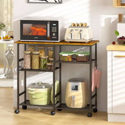 ThreeHio Rolling Kitchen Microwave Cart, 3-Tier Microwave Stand with Adjustable Shelf, Kitchen Storage Cart on Lockable Wheels, Coffee Bar Baker's Rack Organizer Shelf for Living Room, Office, Balcony