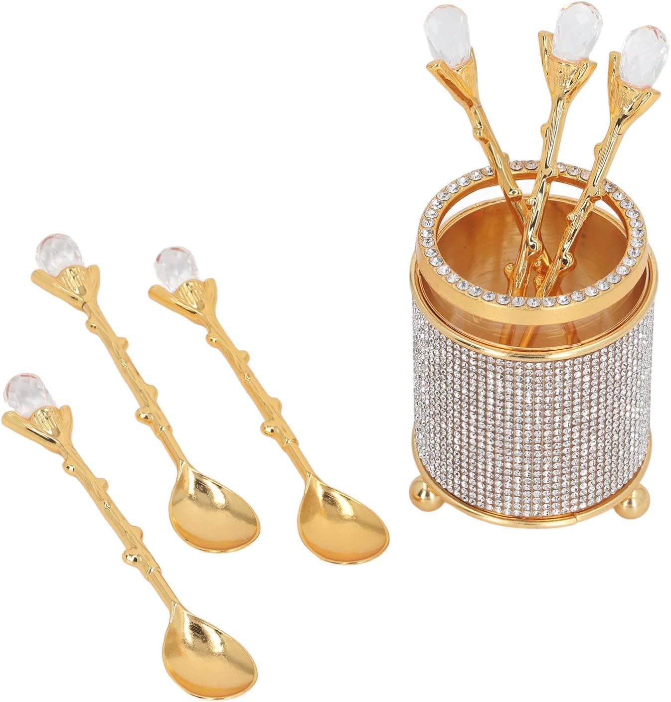 Coffee Spoons Set with Holder, Long Handle Dessert Spoons, Gold Glass Jar with 6 Metal Flatware Spoons