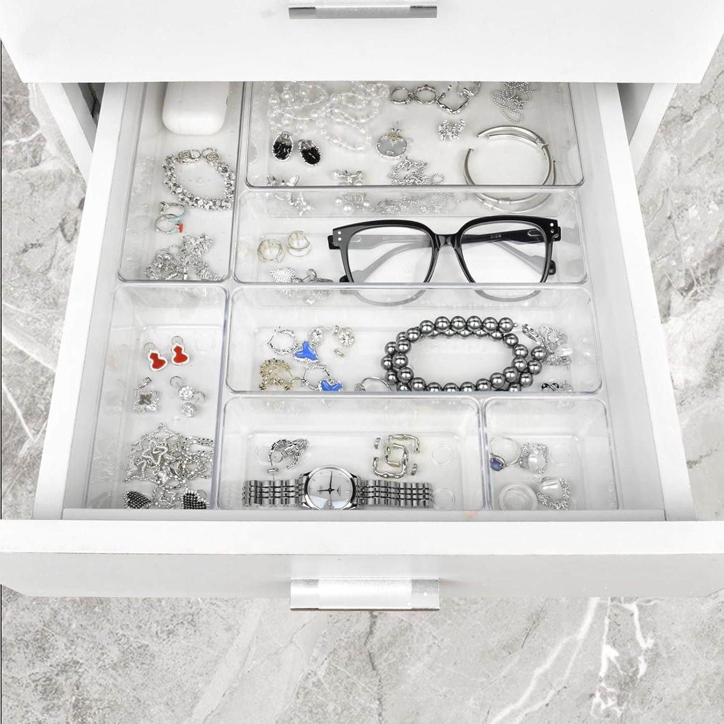 Manalete Drawer Organizers Set of 12, 4 Sizes Clear Plastic Drawer Organizers and Storage Bins for Kitchen, Bathroom, Office, Dresser Desk Drawer Organizer Tray for Jewelry, Makeup, Junk, Gadgets