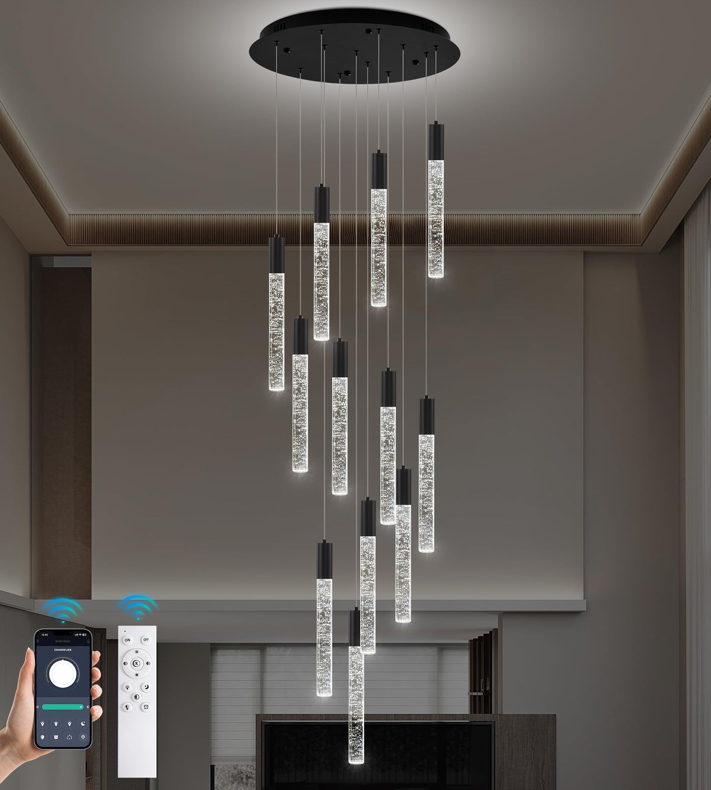 Upfelw Modern High Ceiling Crystal Chandelier 12-Lights, Large Spiral LED Raindrop Foyer Pendant Lighting, Bubble Staircase Living Room Hanging Light Fixture Flush Mount Black