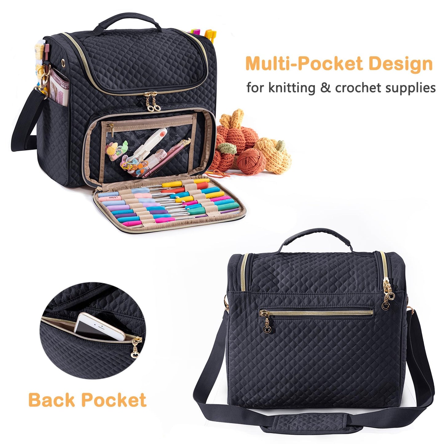 MYBAGZING Crochet Bag Organizer - Quilted Storage Bag with Hanging Hook, Knitting & Yarn Tote for Crochet Accessories, Mother's Day Gift