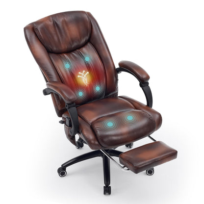 Fmolat High Back Massage Executive Chair, PU Leather, Big & Tall, Vibration Massage & Heating,95-135° Recline with Footrest, Ergonomic Office Chair for Home & Gaming,Brown