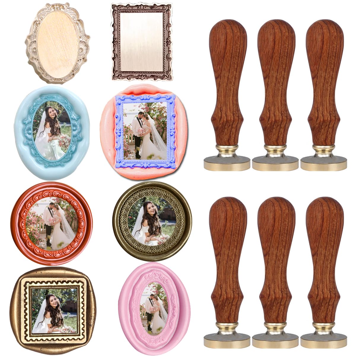 VSECUON 6pcs 3D Embossed Frame Wax Seal Stamp,Removable Brass Heads with 6 Wooden Handle,3D Relief Photo Frame Sealing Wax Stamp for Wedding Invitations Scrapbooking Letters Gift Christmas