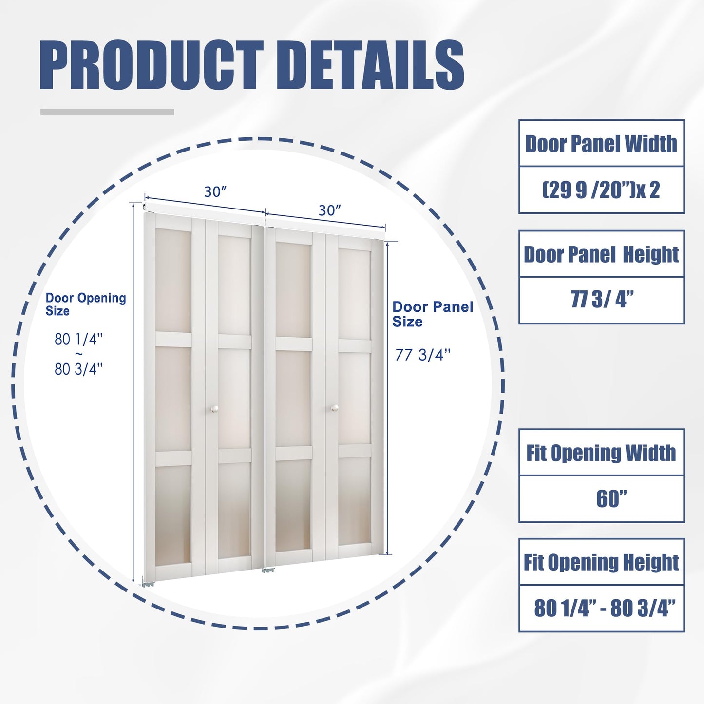 BARNER HOME Bifold Doors for 60"x80" Opening, Tempered Frosted Glass Folding Closet Doors with Concealed Hardware Kit, Preassembled White Bifold Barn Door for Pantry