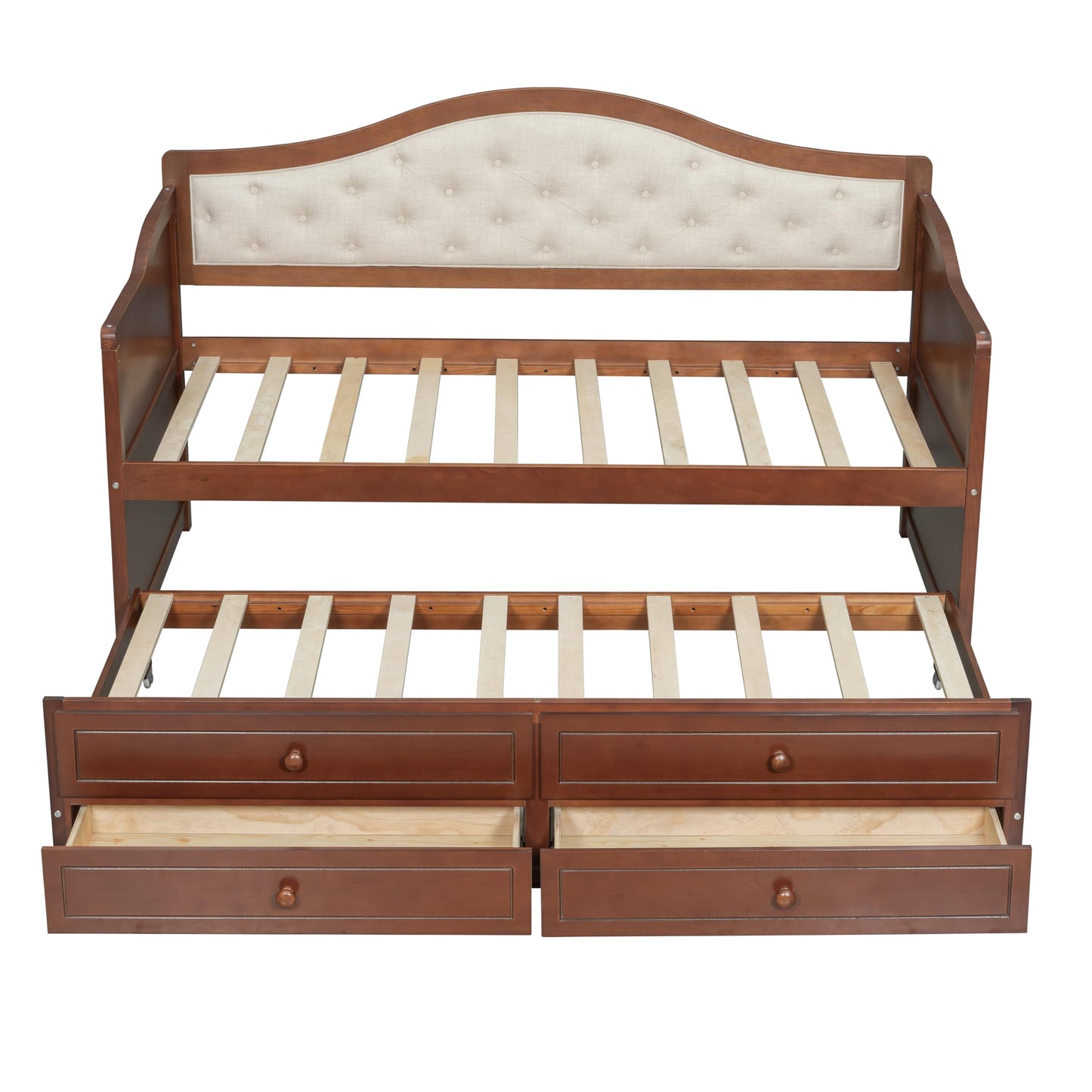 Merax Twin Daybed Frame with Trundle and 2 Storage Drawers, Sofa Bed Twin Size Wooden Bed with Upholstered Button Tufted Backrest for Living Room, Bedroom, Guest Room (Walnut)