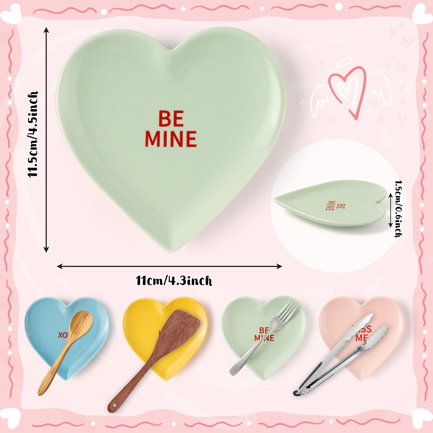 Valentine's Day Ceramic Spoon Rest for Stovetop - 4Pcs Conversation Heart Spoon Rest Set Heart Shape Cooking Ladle Holders Sauce Dishes Utensil Rests for Kitchen Countertop Decor Valentines Gift Favor
