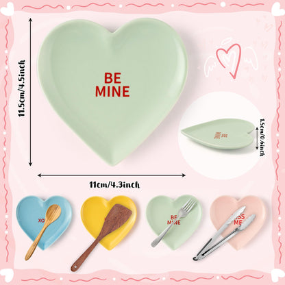 Valentine's Day Ceramic Spoon Rest for Stovetop - 4Pcs Conversation Heart Spoon Rest Set Heart Shape Cooking Ladle Holders Sauce Dishes Utensil Rests for Kitchen Countertop Decor Valentines Gift Favor