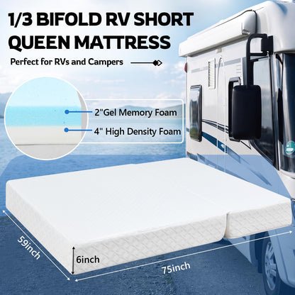 Novabright 1/3 Folding RV Short Queen Mattress, 6 Inch Bifold Memory Foam Mattress with High Resilience Support, Breathable Cover & Zipper Non-Slip Bottom, Certified Safety Foam for RV Camper Trailers