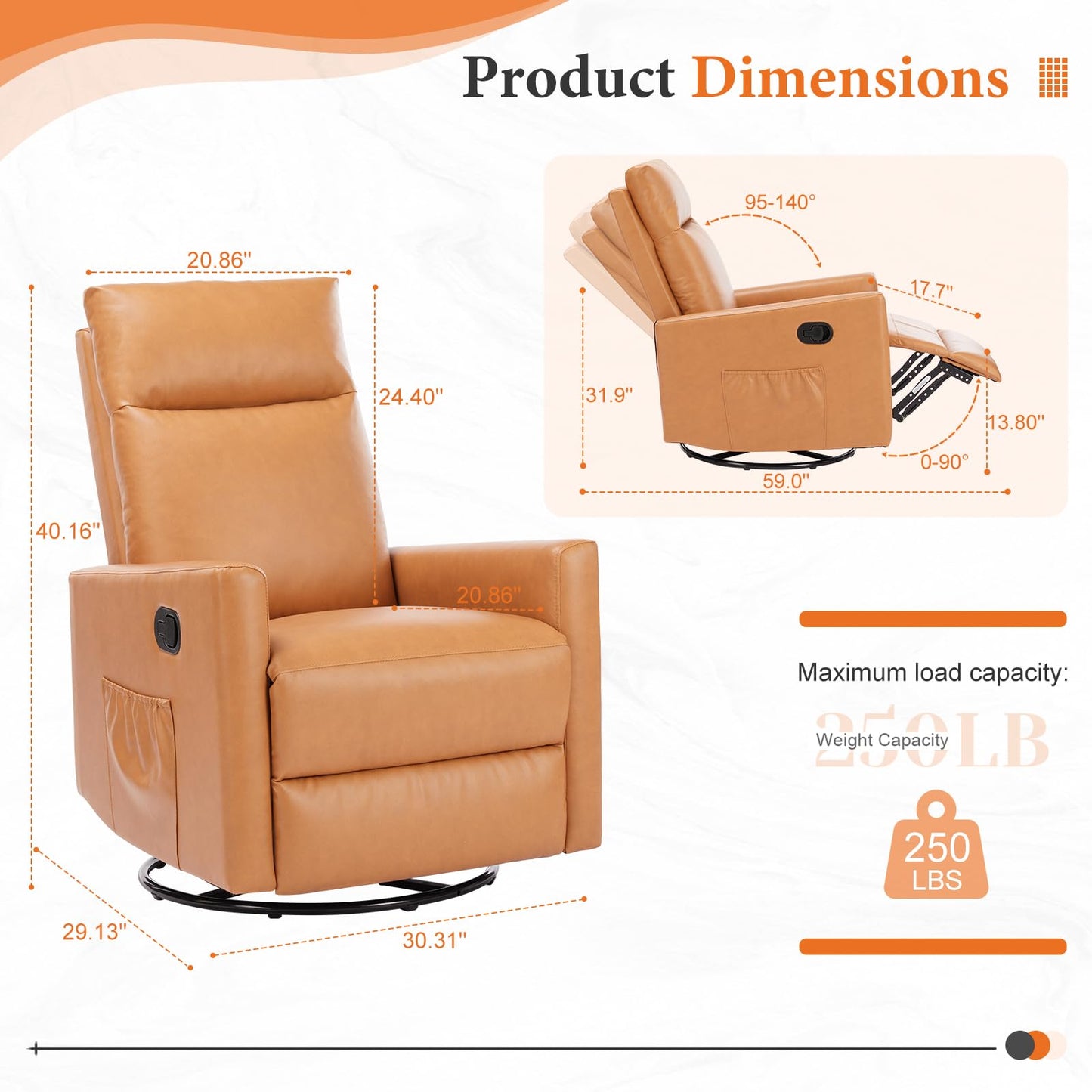 Sweetcrispy Recliner Chair, 360 Swivel Rocker Chair for Adults, Glider Rocker Recliners, Nursery Chairs for Living Room, High Back, Upholstered Deep Seat, Classical Brown