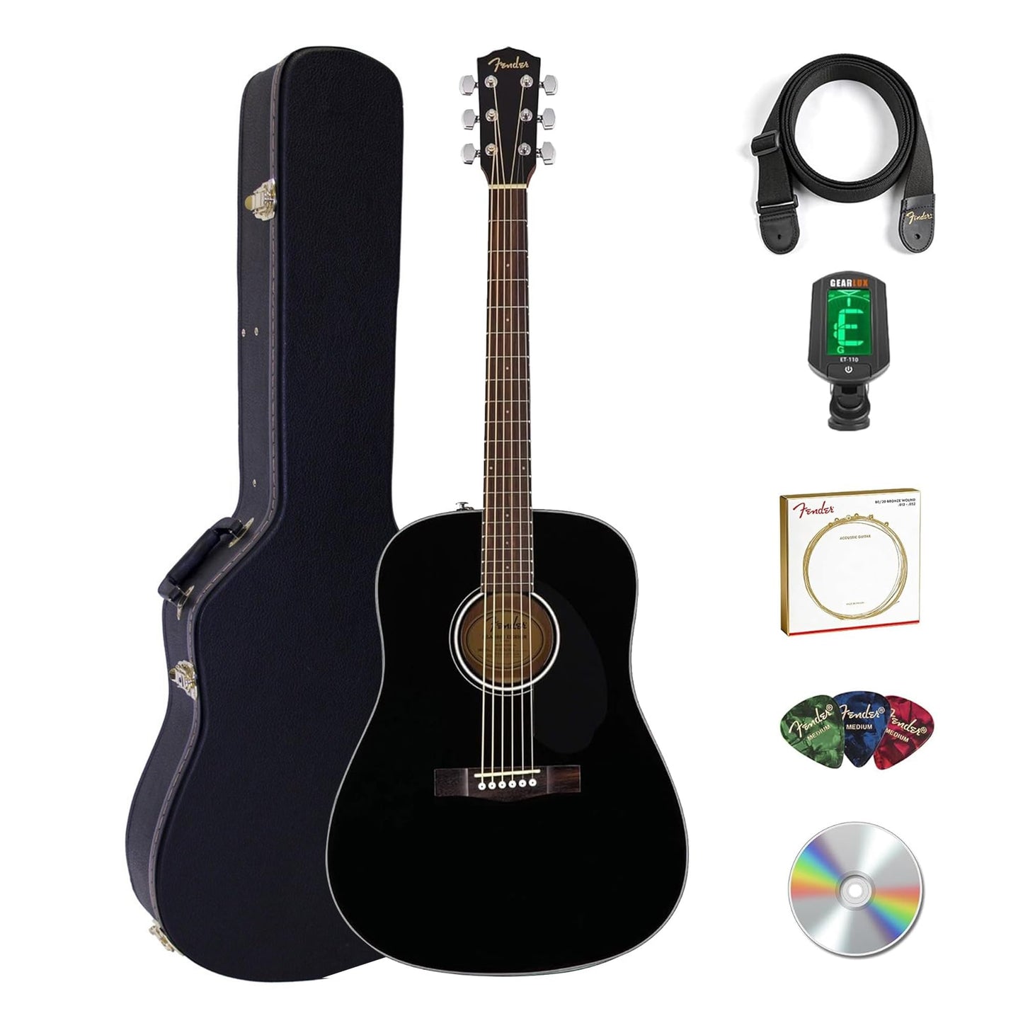 Fender CD-60S Solid Top Dreadnought Acoustic Guitar - Black Bundle with Hard Case, Tuner, Strap, Strings, Picks, and Austin Bazaar Instructional DVD