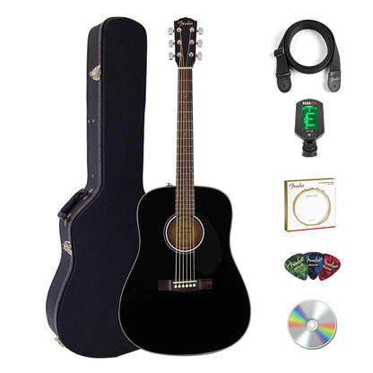 Fender CD-60S Solid Top Dreadnought Acoustic Guitar - Black Bundle with Hard Case, Tuner, Strap, Strings, Picks, and Austin Bazaar Instructional DVD