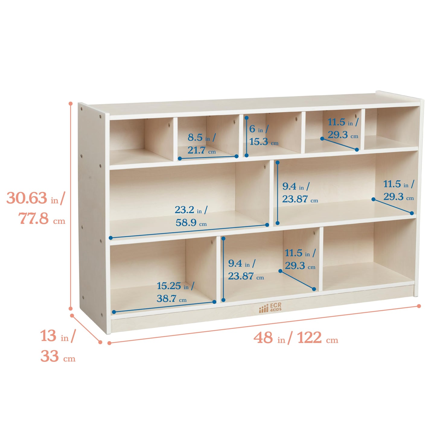 ECR4Kids 5+5 Cubby and Storage Mobile Tray Cabinet, Classroom Furniture, White Wash