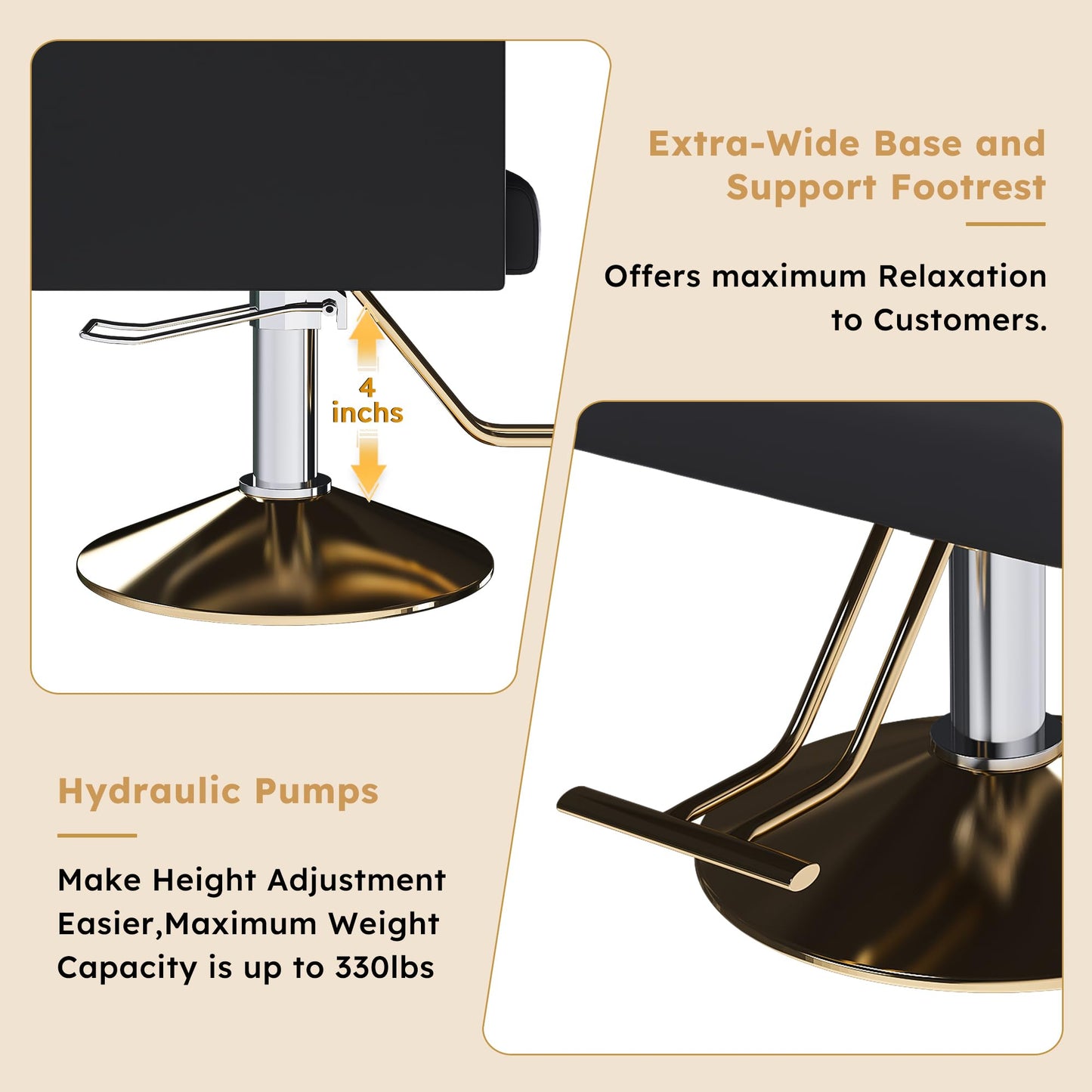 KEIKI Professional Salon Chair, 360° Swivel Hydraulic Barber Chair, Non-Tilting Styling Chair for Hair Salon, Tattoo & Beauty Spa, Black & Gold