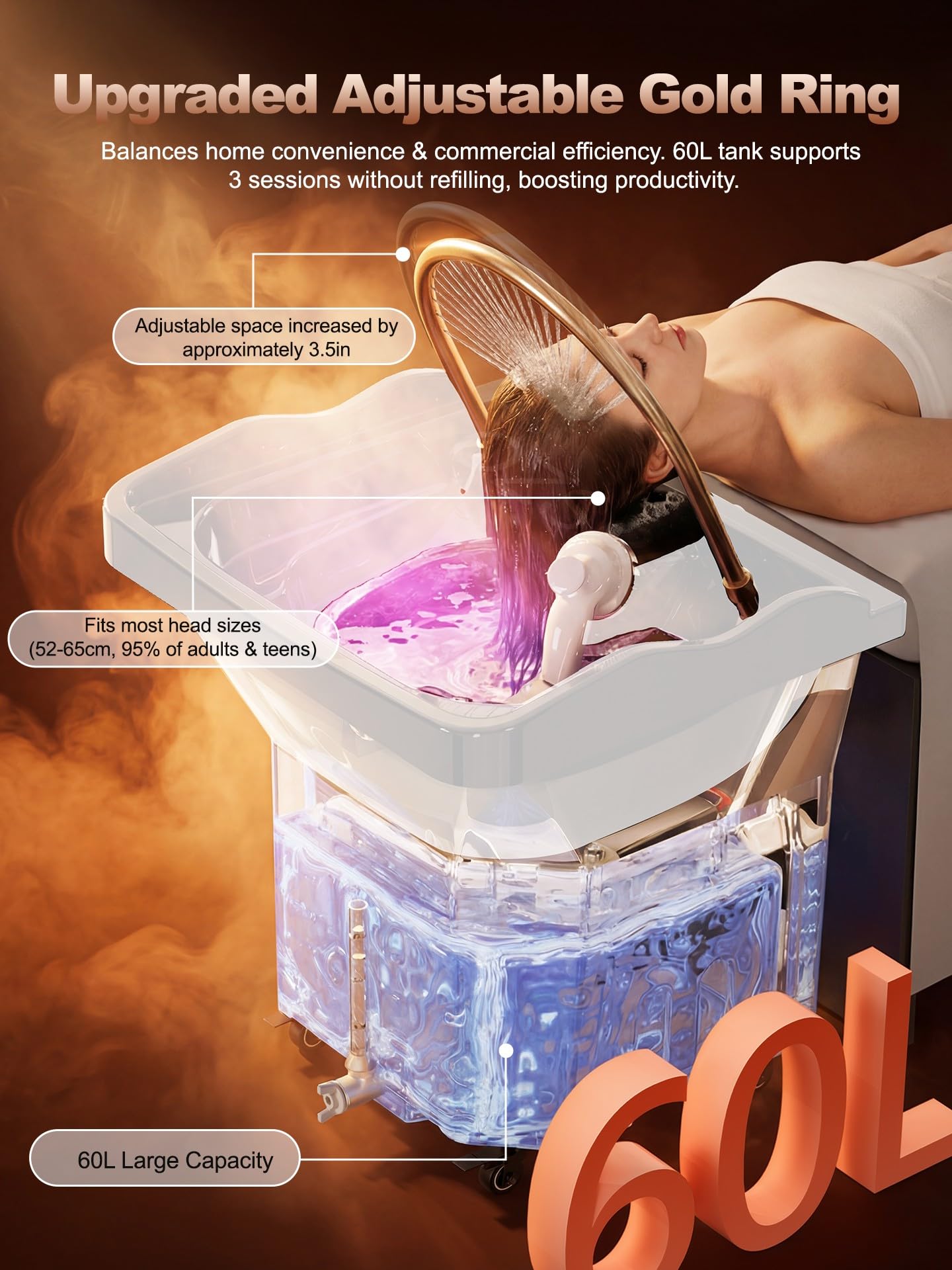 QEGOON Professional Head Spa Equipment, Portable Shampoo Bowl with LED Light Therapy, 60L Large Water Tank, Constant Temperature Water Circulation Shampoo Station for Beauty Salons Spas