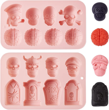 2Pcs Halloween Silicone Mold Skull Tomb Brain Fondant Molds for Gummy Jello Candy Chocolate Baking Decoration