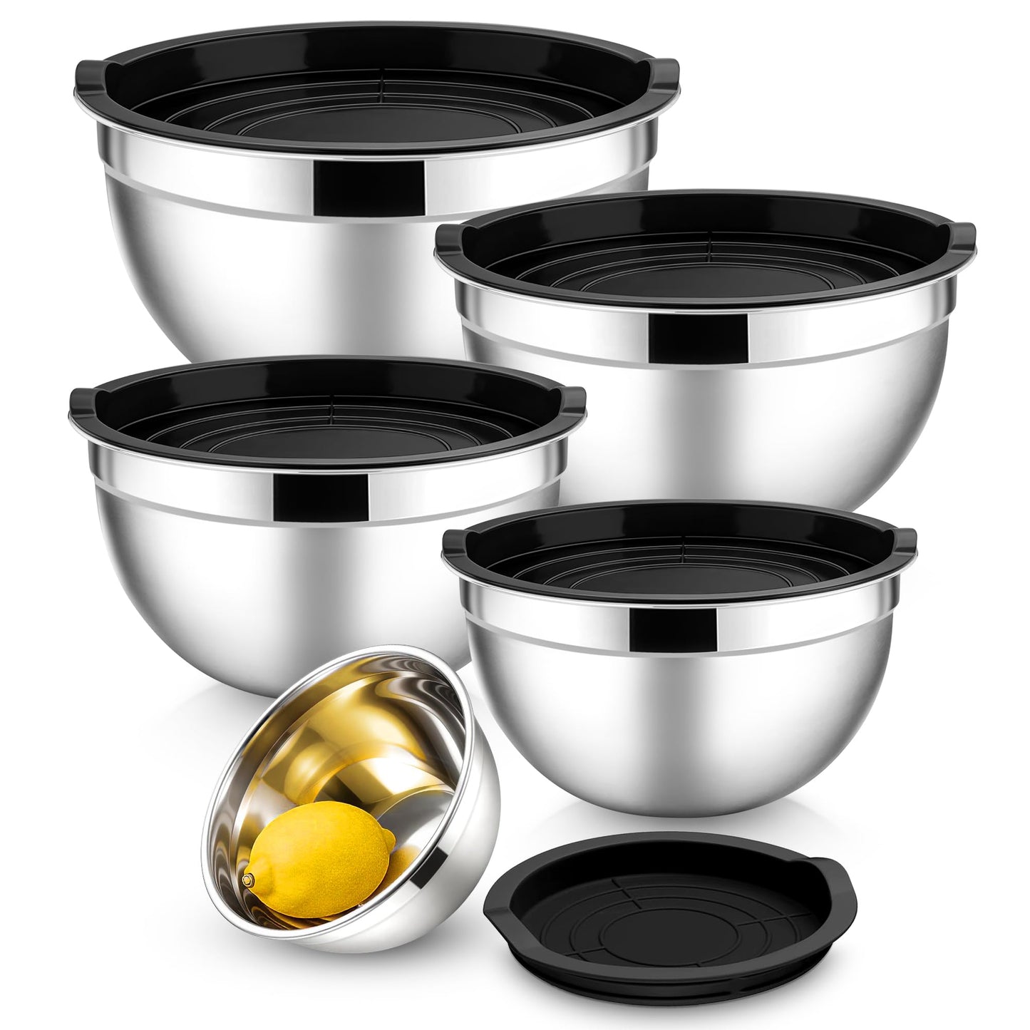 E-far Mixing Bowls With Lids Sets of 5, 10-Piece Stainless Steel Salad Metal Nesting Bowl for Baking Cooking and Prepping, Airtight Lid & Stackable Design, Size 4.6, 3, 2.1, 1.5, 0.7 QT, Black