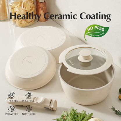 Redchef 32pcs Ceramic Pots and Pans Set Non Stick, Nonstick Kitchen Cookware Set with Detachable Handle, Non Toxic, PFAS PFOA & PTFE Free, RV Ceramic Cookware Set for Camping, Dishwasher/Oven Saf