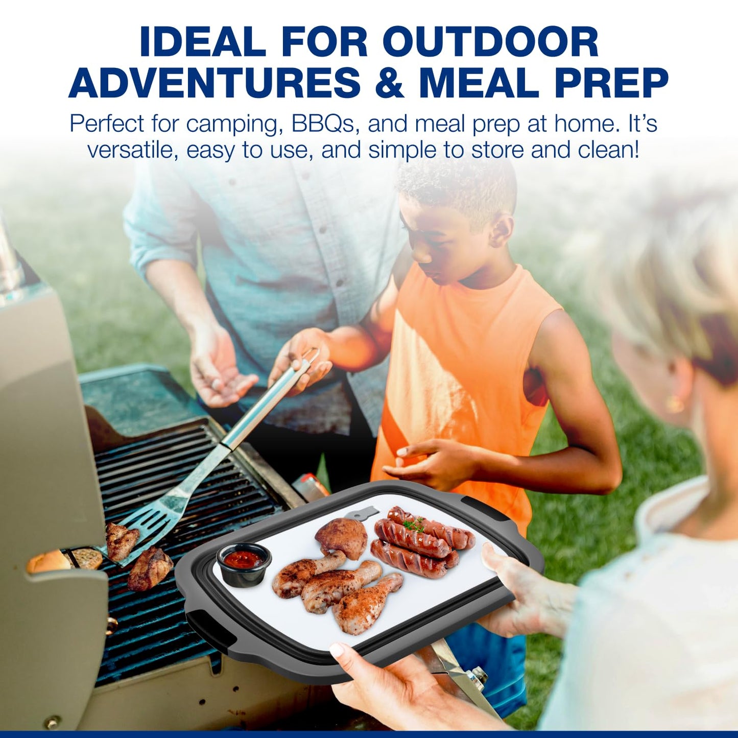 2-Pack XL Collapsible BBQ Prep Tub with Built-In Cutting Board, Lid & Strainer – Marinate, Drain & Prep – Large Food-Safe Container – Perfect for Grilling, Smoking & Outdoor Cooking