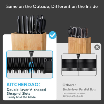KITCHENDAO XL Bamboo Universal Knife Block Holder with Slots for Scissors and Sharpening Rod, Safe, Space Saver Knives Storage Stand Display without Knives, Unique Slot Design to Protect Blade