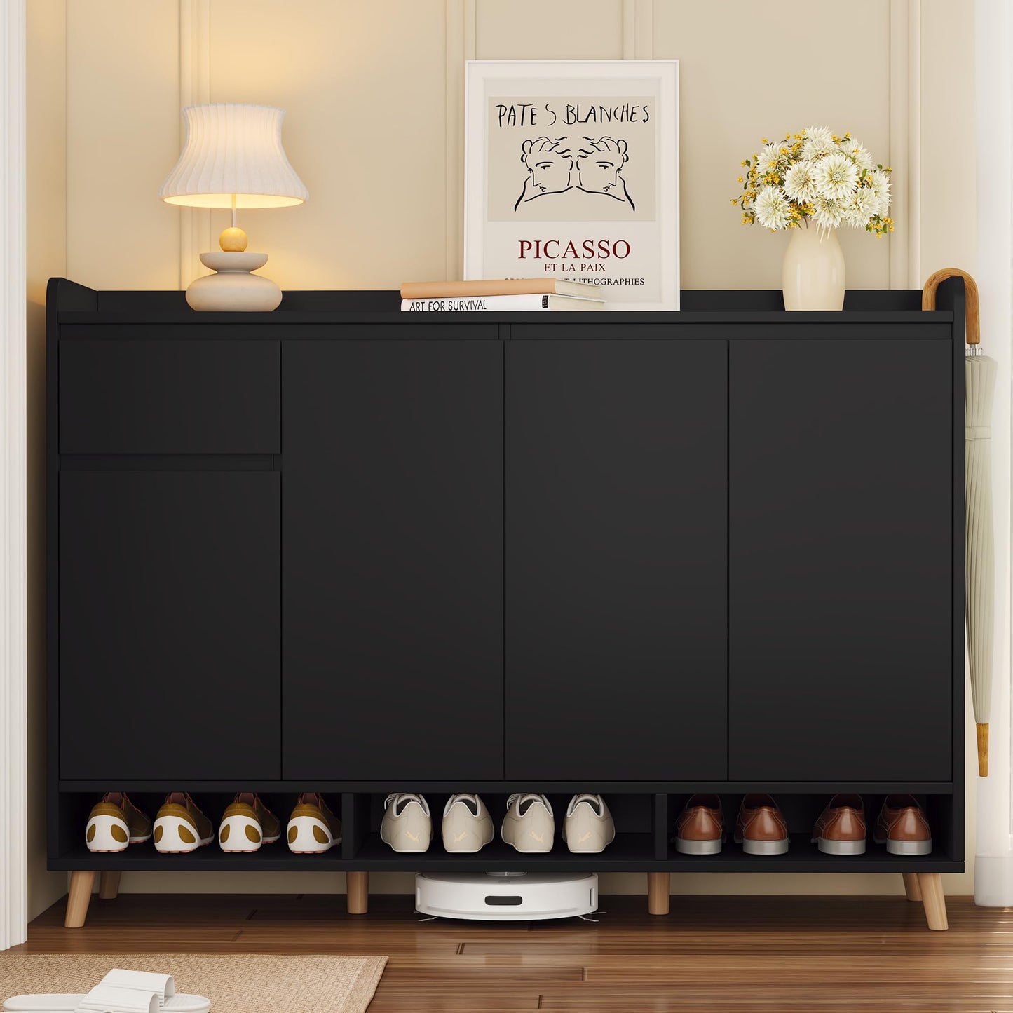 Ball & Cast 55" Modern Shoe Cabinet with Doors and Drawer, Freestanding Shoes Rack with Solid Wood Legs & Adjustable Shelf, Storage Sideboard for Entryway,Living Room,Hallway,Bedroom Black