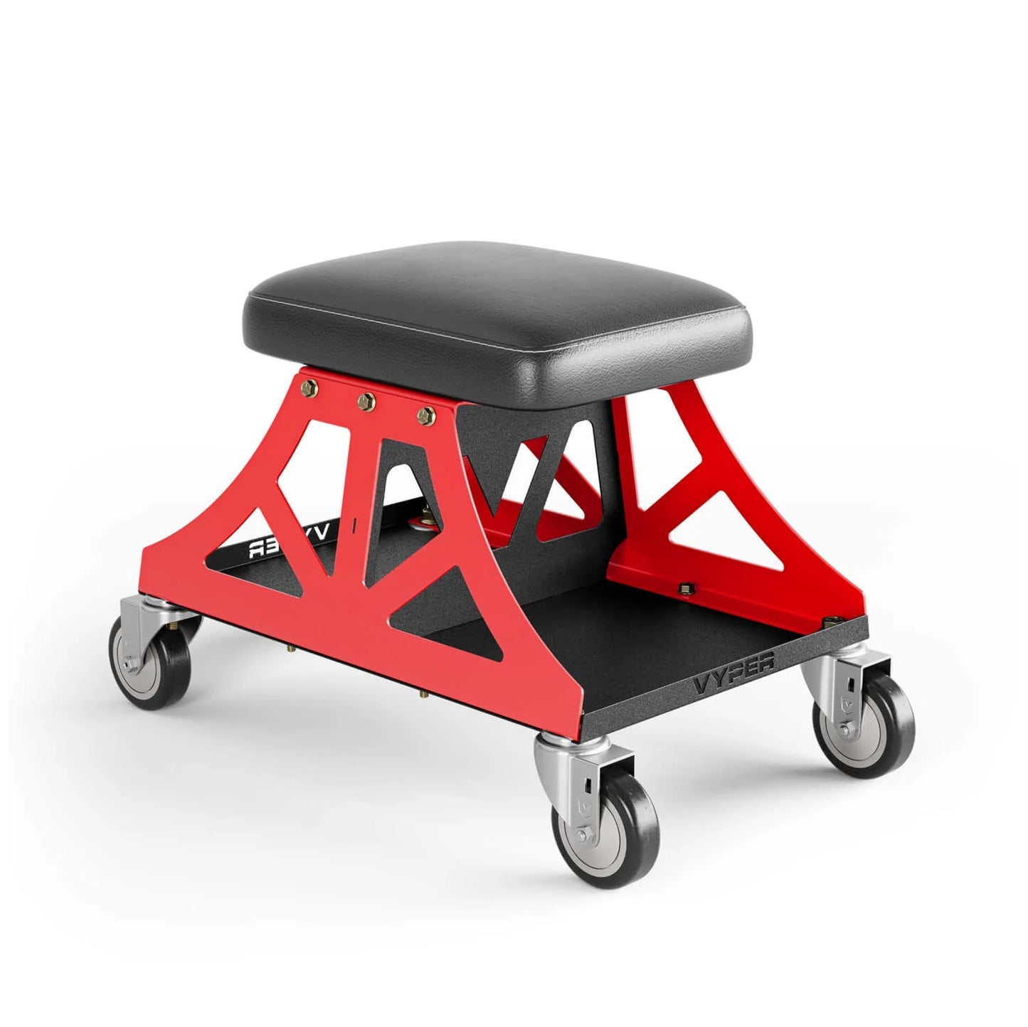 Vyper Low Pro Garage Stool with Removable Seat for Mechanics, Automotive, DIY - 400 lb Capacity Rolling Shop Chair (Black Seat, Red Frame)