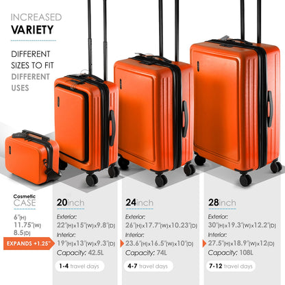 TRAVELARIM Orange Hardshell Luggage Sets 4 Piece, Durable Suitcase Set, Travel Luggage Set with Integrated TSA Lock, 360° Spinner Wheels, Expandable Medium and Large Checked Suitcase, 20/24/28 Inch