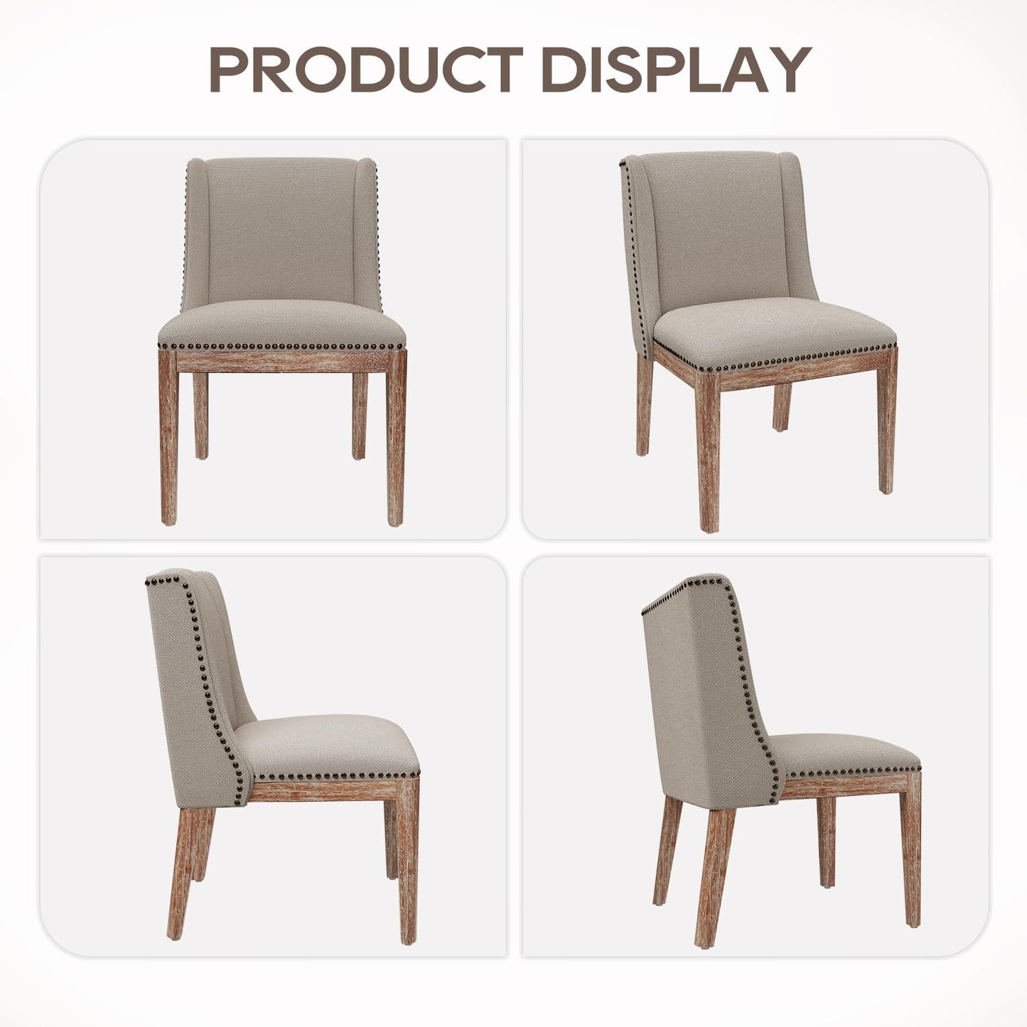 MALOL Upholstered Dining Chairs Set of 4, Premium Fabric Accent Chairs with Nailhead Trim, Curved Backrest & Solid Wood Legs for Dining Room, Kitchen & Living Space, Beige
