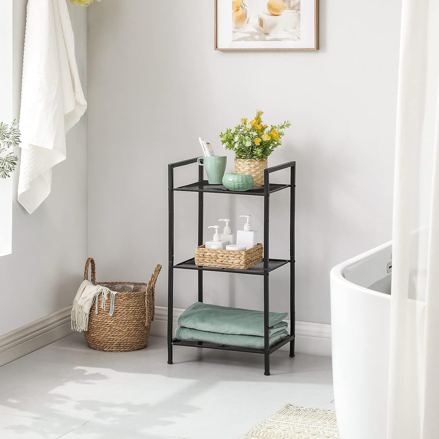 3-Tier UBSC33BK SONGMICS Storage Rack, Bathroom Shelf, Extendable Plant Stand with Adjustable Shelf, for Bathroom