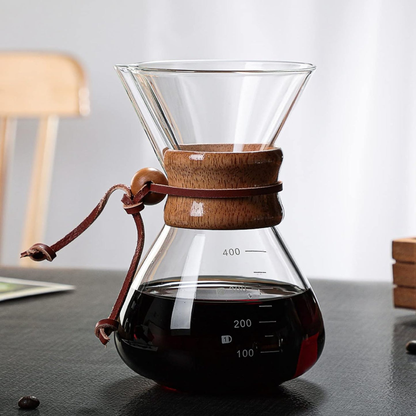 Pour Over Coffee Maker, 400ml Double Filter Wooden Sleeve Brewer for Home Cafe Parties