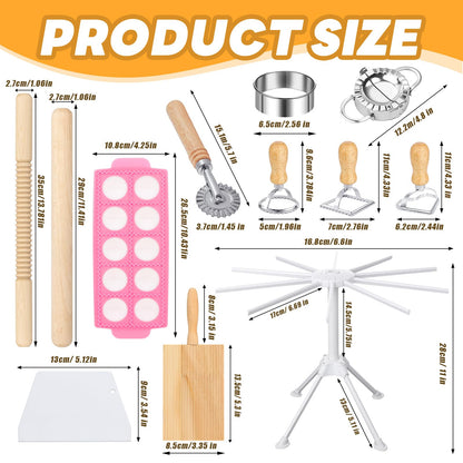 12PCS Pasta Maker Tool Set, Ravioli Mold Set, Ravioli Maker with Roller Wheel, Ravioli Cutter Set with Wooden Handle, Pasta Making Kit for Ravioli Press Mold Pasta Making Kit Accessories for Home (12)