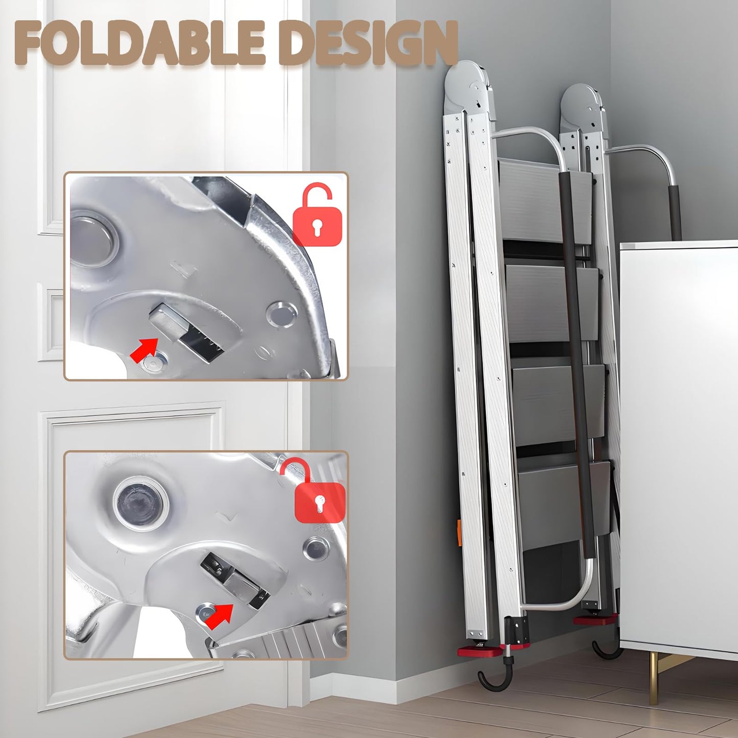 Foldable Aluminum Loft Stairs Ladder, 12 Step Folding Bunk Bed Ladders with Handrails, Portable Anti-Slip Egress Attic Ladder, Floor-Mounted Metal Roof Access Step Ladders for Dorm RV Home Attic Stair