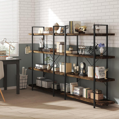 OtterOasis Bookshelf Set, Heavy Duty 4-Tier Industrial Bookcase, 47" Wide Wood Bookshelf for Home Office, 120lbs Shelf Capacity, Rustic Open Display with Horizontal Shelf for Living Room Bedroom