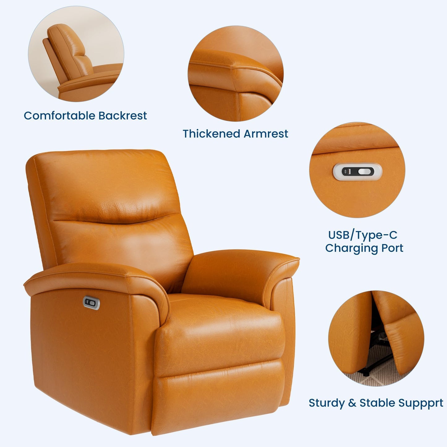 GarveeHome Recliner Chair, 360° Swivel Rocker Glider Nursery Chair with Padded Armrest and Deep Seat, PU Leather Upholstered Reclining Sofa Chair for Living Room, Bedroom and Nursery (Vibrant Orange)
