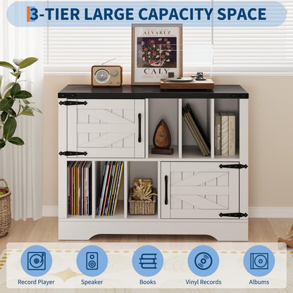 Vinyl Record Storage Cabinet, 39" Large Turntable Stand with Barn Doors, White Mid Century Modern Record Player Table with Display Shelf Rack for Albums Books Media Stereo Audio Home Living Room